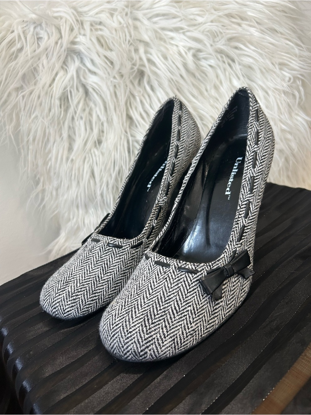 Unlisted Black and White Herringbone Bow Pumps